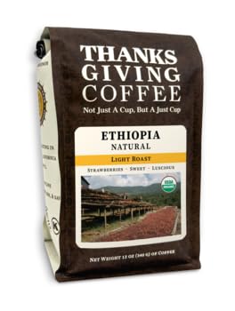 Thanksgiving Coffee "Ethiopia Natural" Light Roasted Organic Shade Grown Whole Bean Coffee - 12 Ounce Bag
