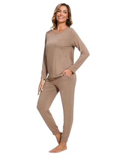 Image of GYS Bamboo Viscose Sleep Sets for Women Long Sleeve Crew Neck Pajama Sets with Pockets