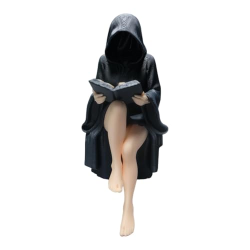 Statuetta di lettrice con cappuccio, statua di donna che legge Dark Fantasy con veste con cappuccio, decorazione per scaffale per amanti dei libri, accento gotico della stanza, ornamento da tav