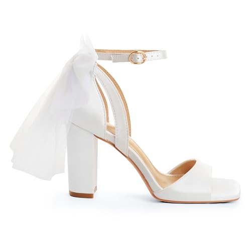Bow Heels for Women Square Toe Chunky Heel Wedding Shoes2