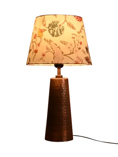 Image of Green Girgit Copper Etched V-Shaped Lamp with Multicolor Taper White Shade, Modern Table Lamp with Floral Shade, Hammered Copper Base (LED Bulb Included)