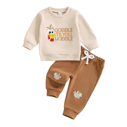Karuedoo Toddler Baby Boy Thanksgiving Outfit Turkey Letter Embroidery Crewneck Long Sleeve Sweatshirt and Jogger Pants Set