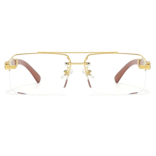 JOVAKIT Trendy Square Sunglasses for Men Women Semi Rimless Frame Shades 90s Vintage Retro Sun Glasses UV400 Protection (Gold/Clear Lens)2