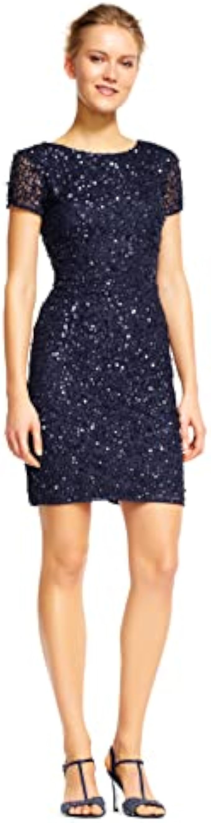 Adrianna Papell Women's Cap Sleeve Fully Beaded Cocktail Dress with Scoop Back