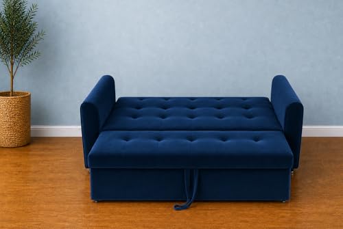 Image of Adorn India Premium Mystic - 3 Years Warranty - 3 Seater Sofa Cum Bed Velvet Suede Fabric - Blue