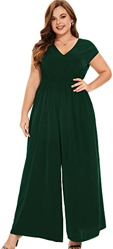 Tanmolo Formal Jumpsuits For Women Plus Size V-neck Holiday Romper Wide Leg Business Womens Jumpsuits,Dark Green,3XL