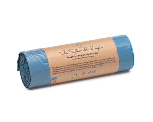 TSP Recycling Zugband M&uuml;llbeutel 20L - zu mind. 90% aus Post-Consumer-Abf&auml;llen (PE) - Blauer Engel zertifiziert - sicher & rei&szlig;fest - f&uuml;r den Restm&uuml;ll und die Wertstoffsammlung (20 Liter (15 St&uuml;ck))