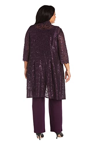 R&M Richards Women's Plus Size 3 Pce Laced Duster Jacket Shell And Solid Pant,  Plum,  16W #TOP1
