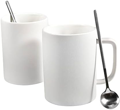 fMBB White Coffee Mug Set 13.5 oz with Handle, Ceramic Mugs Set, 4-Pack includes 2 White Cups and 2 Silver Spoons, Matte Finish, Daily Basis Reusable Sets for Summer