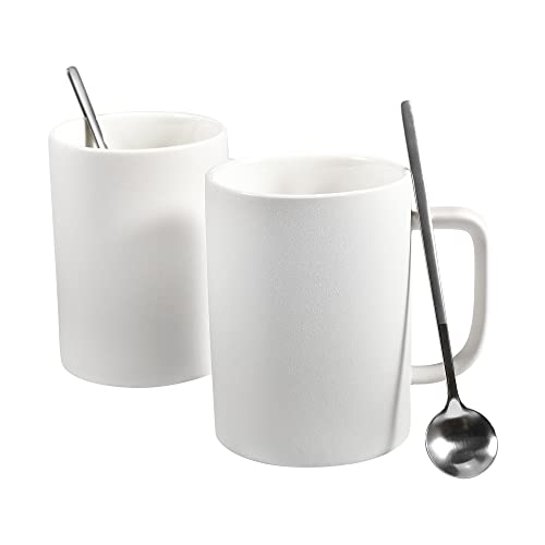 Fmbb White Coffee Mug Set 13.5 Oz With Handle, Ceramic Mugs Set, 4-Pack Includes 2 White Cups And 2 Silver Spoons, Matte Finish, Daily Basis Reusable Sets For Summer #TOP9