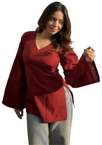 Image of FELISIA Women's Rayon Floral Printed Full Sleeves V-Neck Short Kurti, Bell Sleeves, Short Kurti for Woman, Stylish Ethnic Top, Daily Casual Western & Office wear