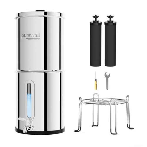 Purewell 8,5L Gravity Water Filter System – Stainless Steel Countertop with 2 Filters, Stand & Water Level Window – Removes 99% Chlorine for Home, Camping & Survival