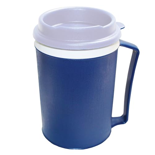 Rehabilitation Advantage Insulated Mug With Snap On Tumbler Lid, 12 oz Plastic Cup With Easy Grip Handle, Top-Rack Dishwasher Safe, Reusable Hot or Cold Drink Mug, Blue