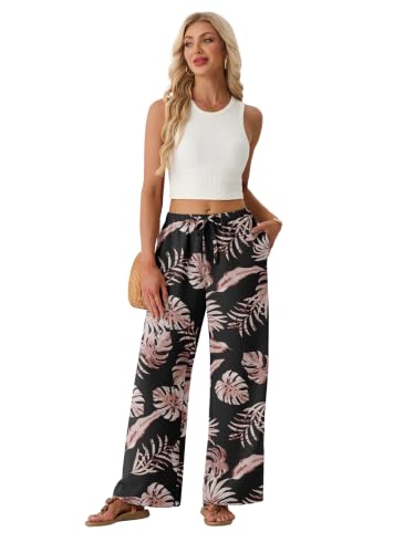 Lepunuo Womens Palazzo Pants Palm Leaf Flowy Summer High Waisted Travel Lounge Pants with Pockets Lightweight — view 4