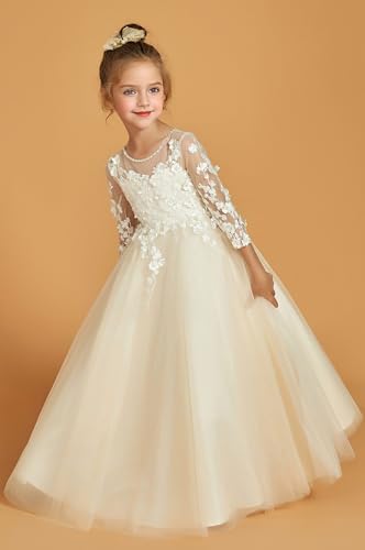 Lace Tulle Flower Girl Long Dress for Wedding O-Neck Princess Dresses Long Sleeve Pageant Party Gown2