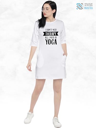 Image of STATUS MANTRA Women's Long T-Shirt Dress - Cotton Casual Knee Length Dress with 3 /4 Sleeves | Soft Bio-Washed Fabric, Crew Neck, Relaxed Fit | Comfy Summer Lounge Wear