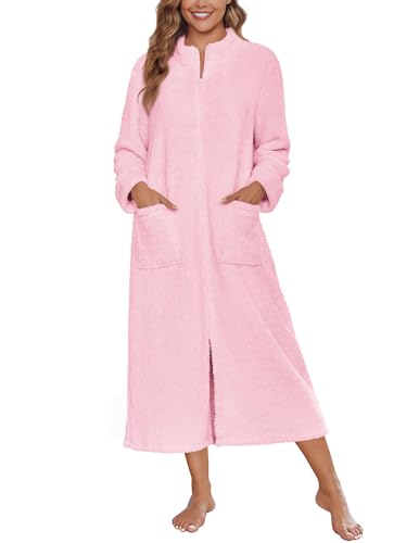 Ekouaer Women Zipper Robe Long Sleeves Bathrobe Winter Sleepwear Warm Soft Housecoat with Pockets Zip Up House Robes Pink