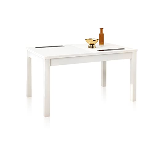 duehome | Mesa Comedor, Mesa Extensible, Modelo Nuka, Acabado en Color Blanco y Cristal, Medidas: 140-180 cm (Largo) x 90 cm (Ancho) x 75 cm (Alto)