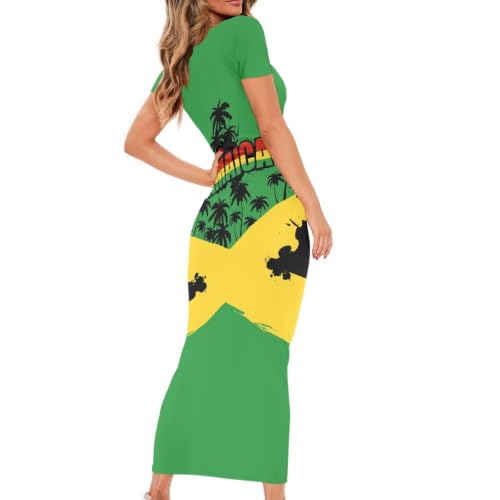 Image of Womens Short Sleeve Jamaican Flag Midi Bodycon Dress | Soft stretchy fabric,crew neck,jamaican print casual date night cocktail party, elegant chic, spring summer fall all season