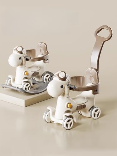 3-in-1 Schaukelpferd mit Schiebegriff, Chocolate Braun/Beige, 90x71x40cm, Verwandelbar in Scooter/Trolley, mit Pilotbrille und Schutzbügel, für Kinder 1-4 Jahre #2491