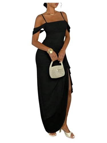 Floerns Women's Summer Long Dress Cold Shoulder Ruffle Slit Hem Going Out Party Sexy Bodycon Maxi Dresses