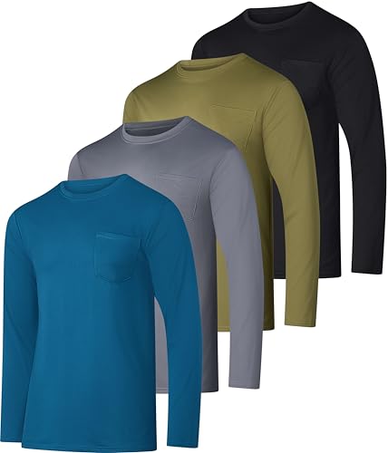 Real Essentials 4 Pack: Men's Dry-Fit Active Athletic Long Sleeve Pocket Crew T-Shirt Outdoors UPF 50 S-5XLT