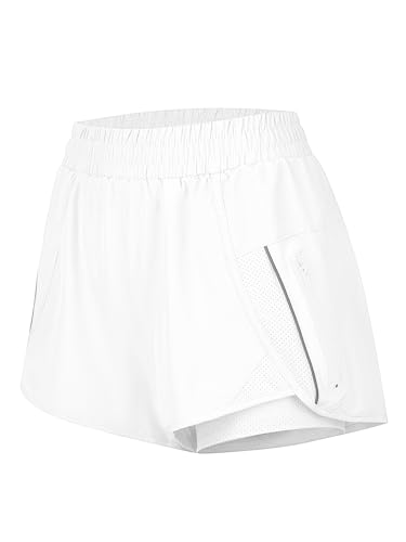 LALA BIRDS Short de sport pour femme - Short de course à pied à séchage rapide avec doublure de poche zippée, blanc, Taille XL