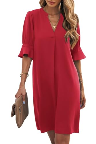 Wkior Shift Dress for Women V Neck Short Sleeves Solid Color Casual Summer Dresses Red XXL