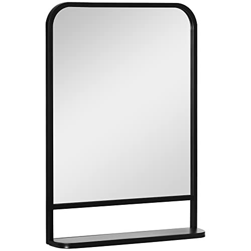 HOMCOM Espejo Decorativo de Pared 50x70 cm Espejo Rectangular de Metal con Estante de Almacenamiento para Salón Dormitorio Entrada Estilo Moderno Negro