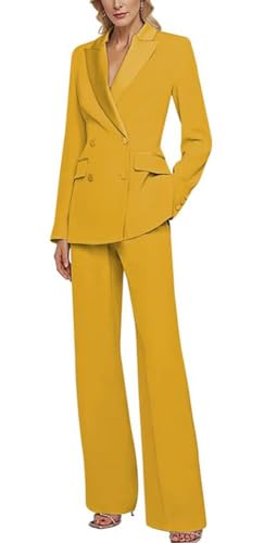 Botong Double Breasted Womens Pant Suit Slim Fit Work Professional Business Suit Prom Party Tuxedos Gold 8