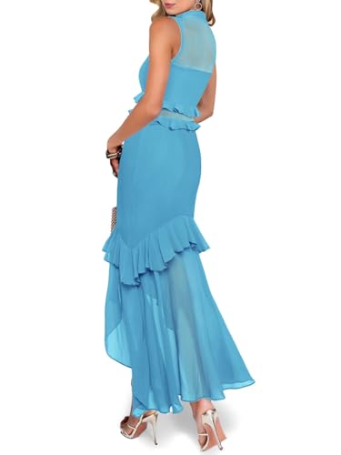Image of Aisbei Women's Elegant Bodycon Maxi Dress Mock Neck Sleeveless Mesh Ruffle Dress Party Cocktail Formal Wedding Guest Dresses