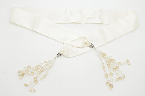 TFJ Women Fashion Wrap Around Cream Fabric Tie Sash Belt Hip Waist Long Tassel XS S2