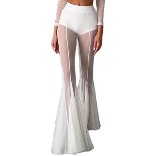 Mandonce Womens Pants Bell Bottom Pants Sheer Mesh See Through Line Trim Beach Vacation Flared Elegant Sexy White