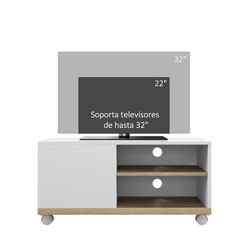 HOMCOM Mueble TV de Salón Moderno con Ruedas Mesa para Televisores de 42 Pulgadas Módulo TV con 1 Puerta y 2 Estantes de Almacenamiento 80x45x41 cm Blanco - imagen 4