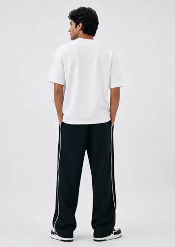 Image of Men's Black Wide Leg Track Pants with White Side Piping, Casual Style