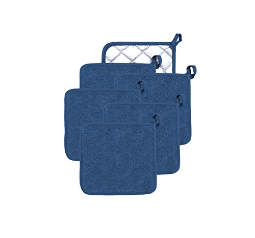 VEIKERY Oven Pot Holder Cotton Heat Resistant Terry Potholder Kitchen Hot Pad Oven Mitts for Cooking Square 7"x7"Set of 6 (Blue, 6)