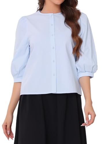 Chemisier coton femme col rond boutonné haut été casual manches bouffantes