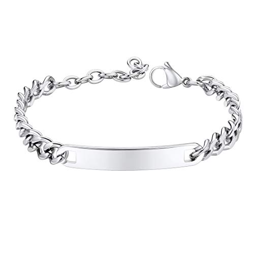 FindChic Customized Name Bar ID Bracelets for Men Women 18K Gold Plated/Stainless Steel/Black 7MM/10MM/15MM Width 7.5'' 8.3'' Bangles, with Jewelry Box b.7mm-9''(stainless steel) not engrave