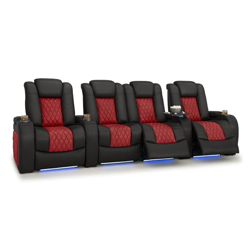 Image of Seatcraft Diamante Black /Red Italian Leather Home Theater Seating, Zero Gravity Power Recliner, Gaming and Home Office Chair, Powered Headrest Furniture for Cinema Room, Row of 4 Middle Loveseats