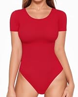 ALGALAROUND Bodys für Damen Body Kurzarm Eng Bodysuit mit Classic Rundhalsausschnitt Baumwolle ELegant Damenbody Women T-shirts Tops Oberteil Kräftiges Rot S