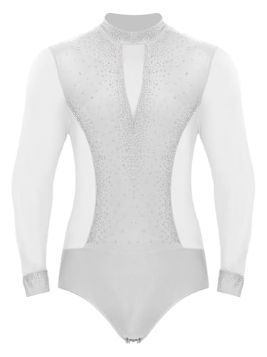JEATHA Maillot De Baile De Patinaje Artístico Para Hombre Ropa De Gimnasia Con Brillos Mono Deportivo Maillot Para Danza Latina Blanco L