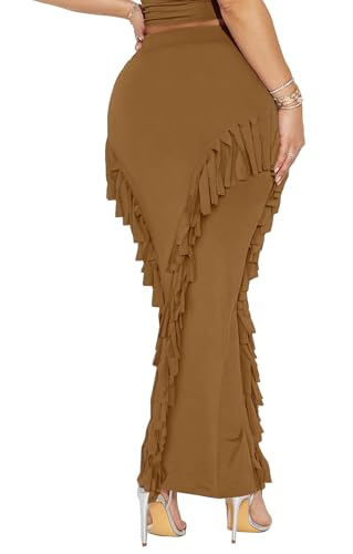 Women's Fringe Skirt Side Tassel Elastic High Waisted Pencil Long Maxi Skirts Bodycon2