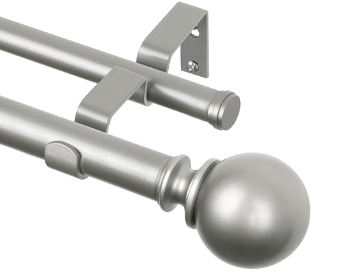 KAMANINA Silver Double Curtain Rods for Windows 66 to 120 Inches (5.5-10 Feet), 1 Inch Adjustable Heavy Duty Drapery Rod, Telescoping Dual Curtain Rod with Round Finials