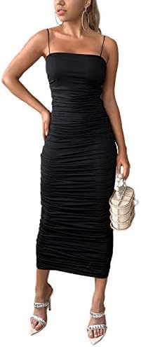 Yissang Women's Sexy Ruched Spaghetti Strap Sleeveless Bodycon Midi Long Club Dress Black Medium