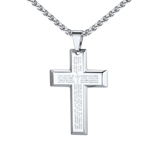 U7 Cross Necklace for Men, Stainless Steel Silver Black Gold Mens Cross Necklace, 22-24 Inches 2.silver