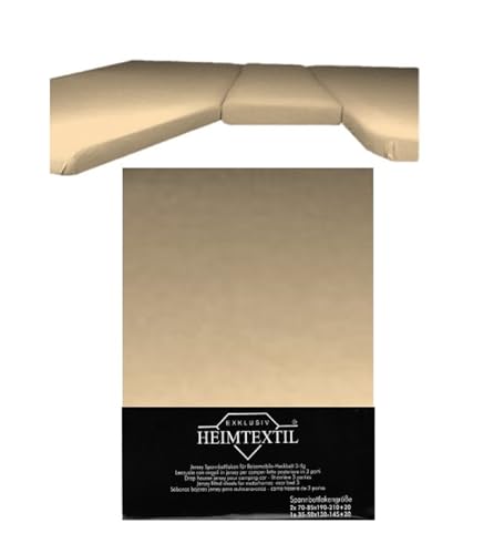 EXKLUSIV HEIMTEXTIL Jersey Spannbettlaken für Wohnmobile Heckbett 3-teilig 2 Längsbetten + 1 Mittelteil 100% Baumwolle Öko - Tex Zertifiziert, Markenqualität, Steghöhe 20 cm, Sand