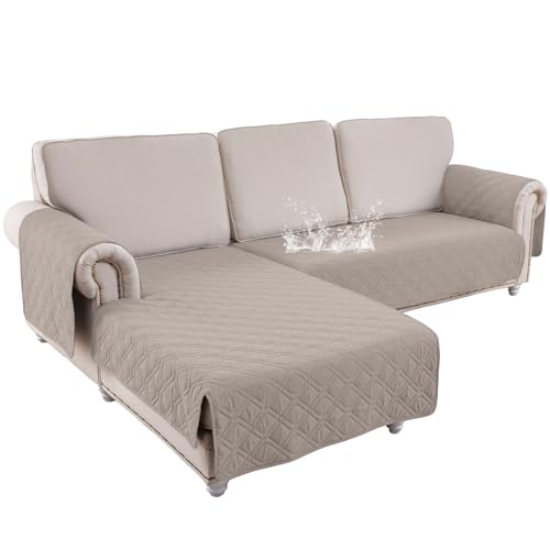 ele ELEOPTION 100% Waterproof 2 Piece Couch Cover Pet Blanket Sectional L Shape Sofa Cushion Cat Dog Bed Cover (Chaise Lounge + 2 Seat Covers) Khaki
