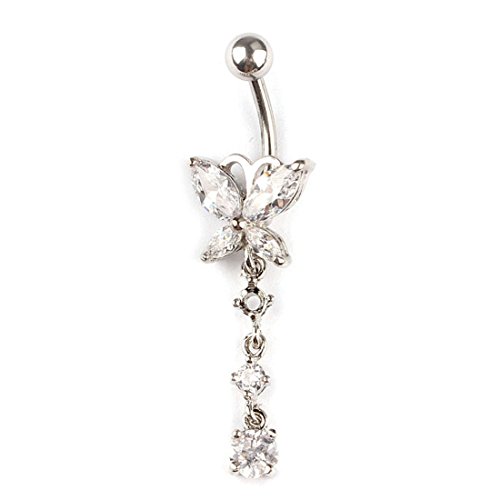 Changeshopping Fashion Crystal Butterfly Dangle Ball Barbell Bar Belly Button Navel Ring (White)