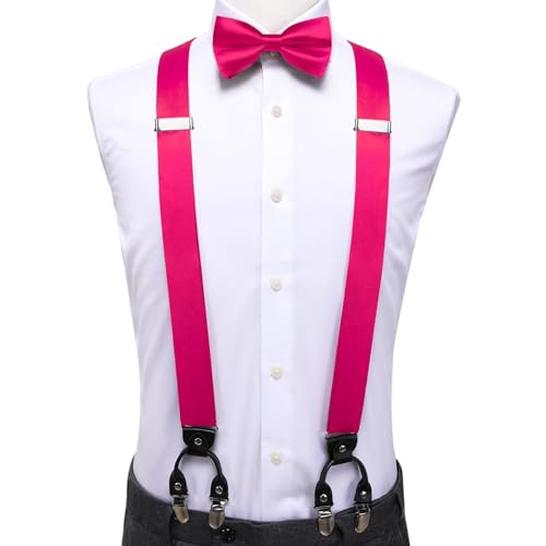 Image of Hi-Tie Men Suspender Bowtie Set Suspenders Pre-tied Bow Tie Pocket Square Cufflinks Adjustable Y Shape 6 Clips Braces Tuxedo
