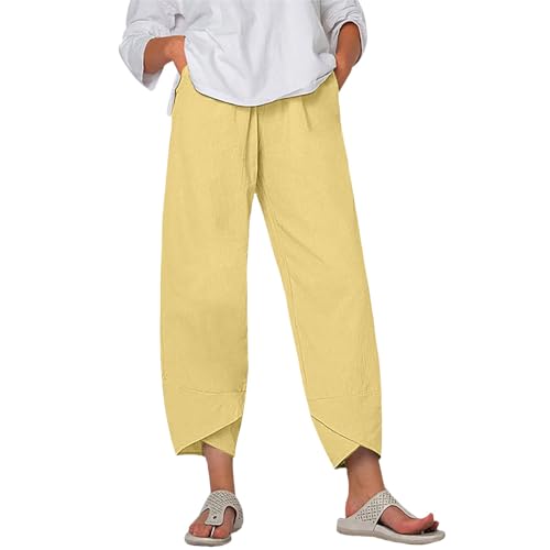 Womens Cotton Linen Capri Pants Summer Elastic High Waisted Cropped Pants Beach Lounge Trousers Pants with Pockets